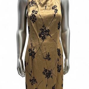 formal gold dress with velvet embellishment